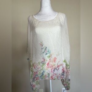 Elena Baldi floral 100% SILK blouse Made in Italy sheer white top NWT